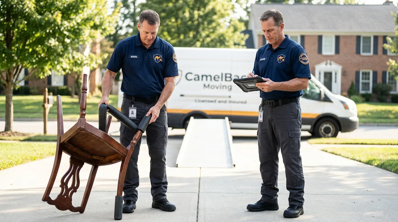 Movers inspecting furniture for damage prevention before loading in Queen Creek, AZ