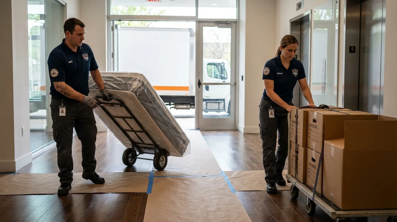 Professional apartment movers loading elevator in Queen Creek, AZ