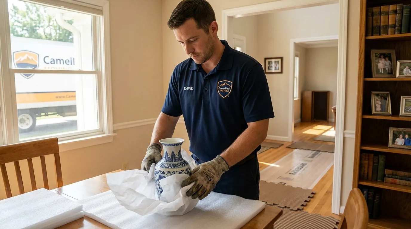 Professional crew carefully wrapping antique vase for senior downsizing move in Queen Creek, AZ